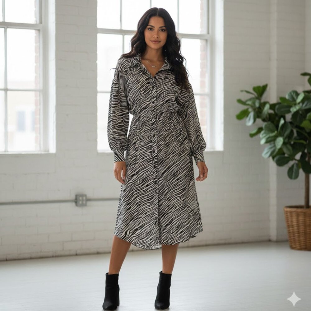 Ghospell Zebra Print Midi Dress Balloon Sleeves Rear Waist Cutout